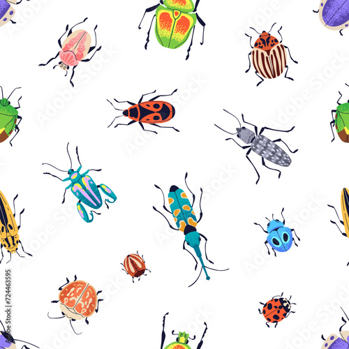 Beetles  seamless pattern design. Insects  repeating print. Summer bugs  endless background for fabric  textile  wrapping. Nature  repeatable texture for wallpaper  decor. Flat vector illustration