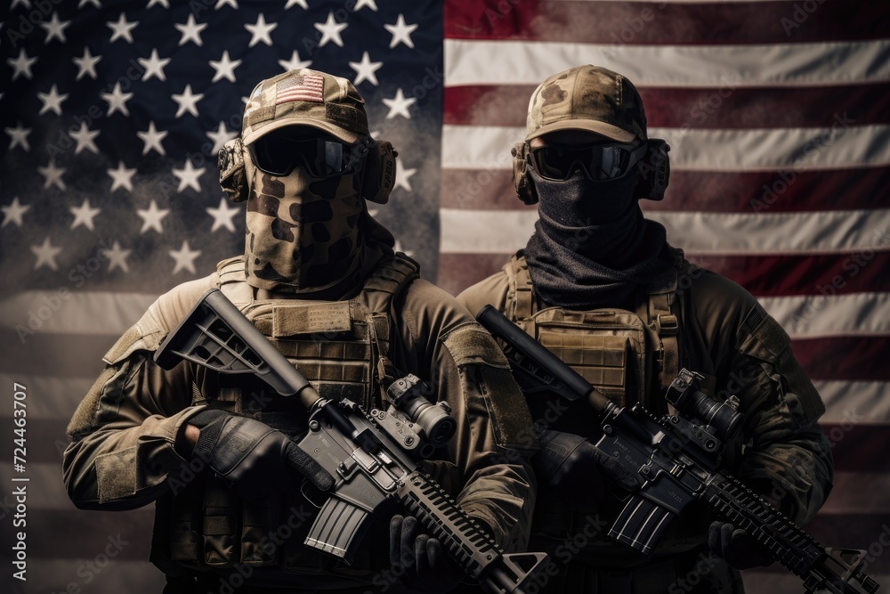 Two soldiers proudly standing together in front of a vibrant American flag, US Army soldiers with weapons and the United States flag in the background, face covered with a mask, AI Generated Two soldiers proudly standing together in front of a vibrant American flag, US Army soldiers with weapons and the United States flag in the background, face covered with a mask, AI Generated