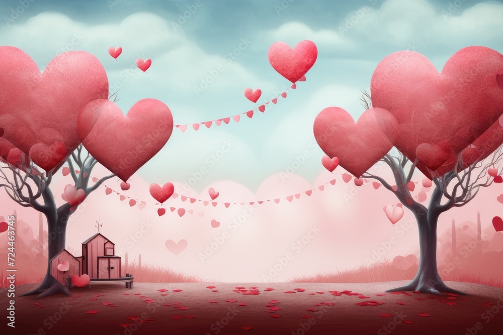 A stunning painting of a heart-shaped tree with a charming house in the backdrop, Valentines day background banner, AI Generated
