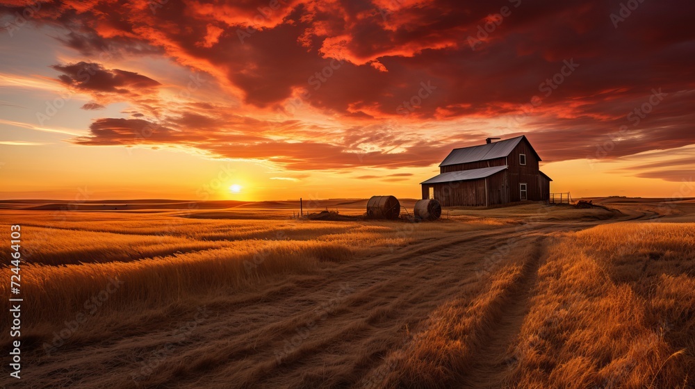 Rustic farm with granary and golden sky at sunset