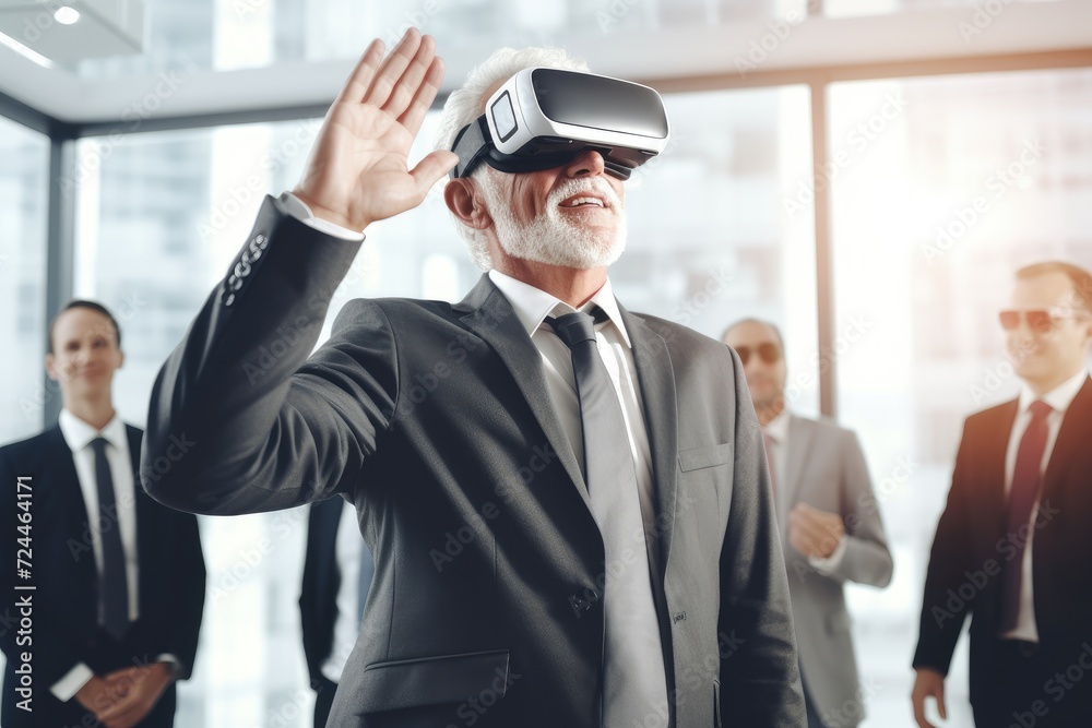 Fototapeta premium A professional man in a suit and tie immersed in augmented reality using a virtual headset, Vr experience senior business manager man attend meeting wearing vr, AI Generated