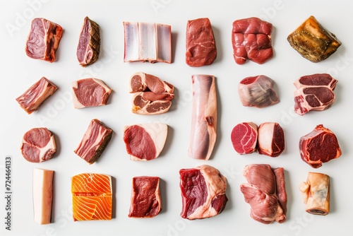 Collection Of Various Uncooked Meat, Separated By White Lines On White Background photo