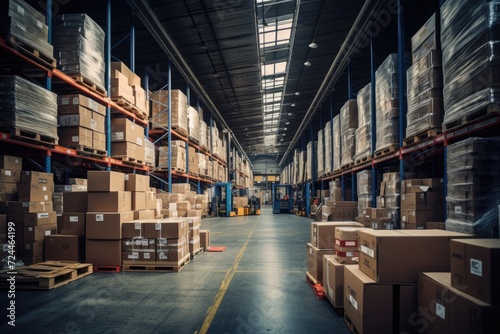 A bustling warehouse filled to the brim with numerous boxes ready to be shipped out, Warehouse industrial and logistics companies, AI Generated