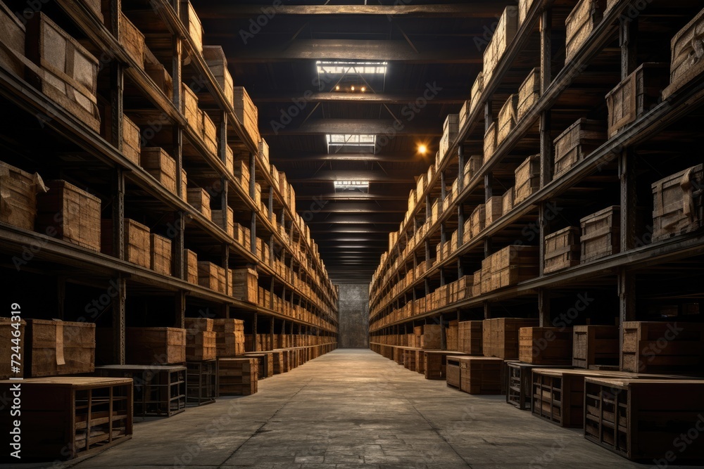 This photo shows a spacious warehouse bustling with activity, as countless boxes are stacked and stored for various purposes, Warehouse with rows of shelves and wooden boxes, AI Generated