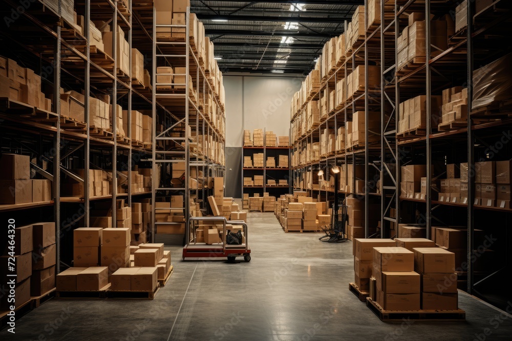 An immense storage facility filled to the brim with a multitude of boxes, creating a dizzying visual spectacle, Warehouse with rows of shelves and wooden boxes, AI Generated An immense storage facility filled to the brim with a multitude of boxes, creating a dizzying visual spectacle, Warehouse with rows of shelves and wooden boxes, AI Generated