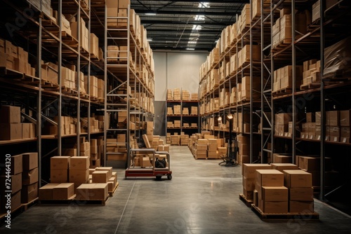 An immense storage facility filled to the brim with a multitude of boxes, creating a dizzying visual spectacle, Warehouse with rows of shelves and wooden boxes, AI Generated