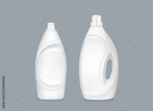 Laundry detergent bottles set isolated on background. Vector realistic illustration of white plastic container mockups with blank space for branding, home textile washing gel, organic cloth softener