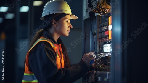 Professional female electrician in safety gear fixing a fuse box in a commercial building