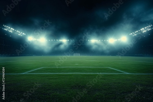 Dimly Lit Football Field At Night, Surrounded By Darkness, With Enthusiastic Soccer Fans Filling The Stands