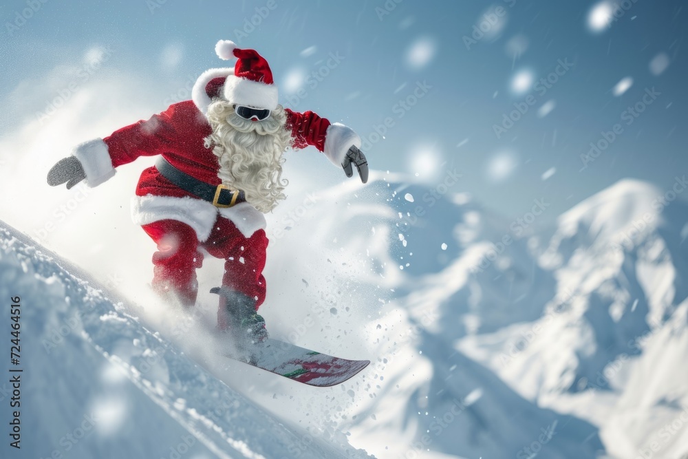 Festive Santa Glides Down Snowcovered Peaks On His Trusty Snowboard