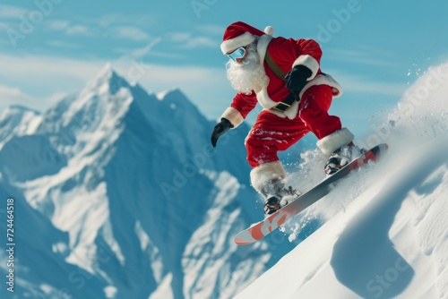 Festive Santa Glides Down Snowcovered Peaks On His Trusty Snowboard