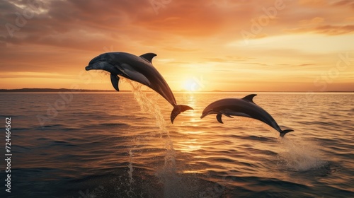 Two beautiful dolphins jump over the rising waves. Marine animals in their natural habitat.