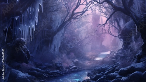 Night view of the fantasy dark winter forest.