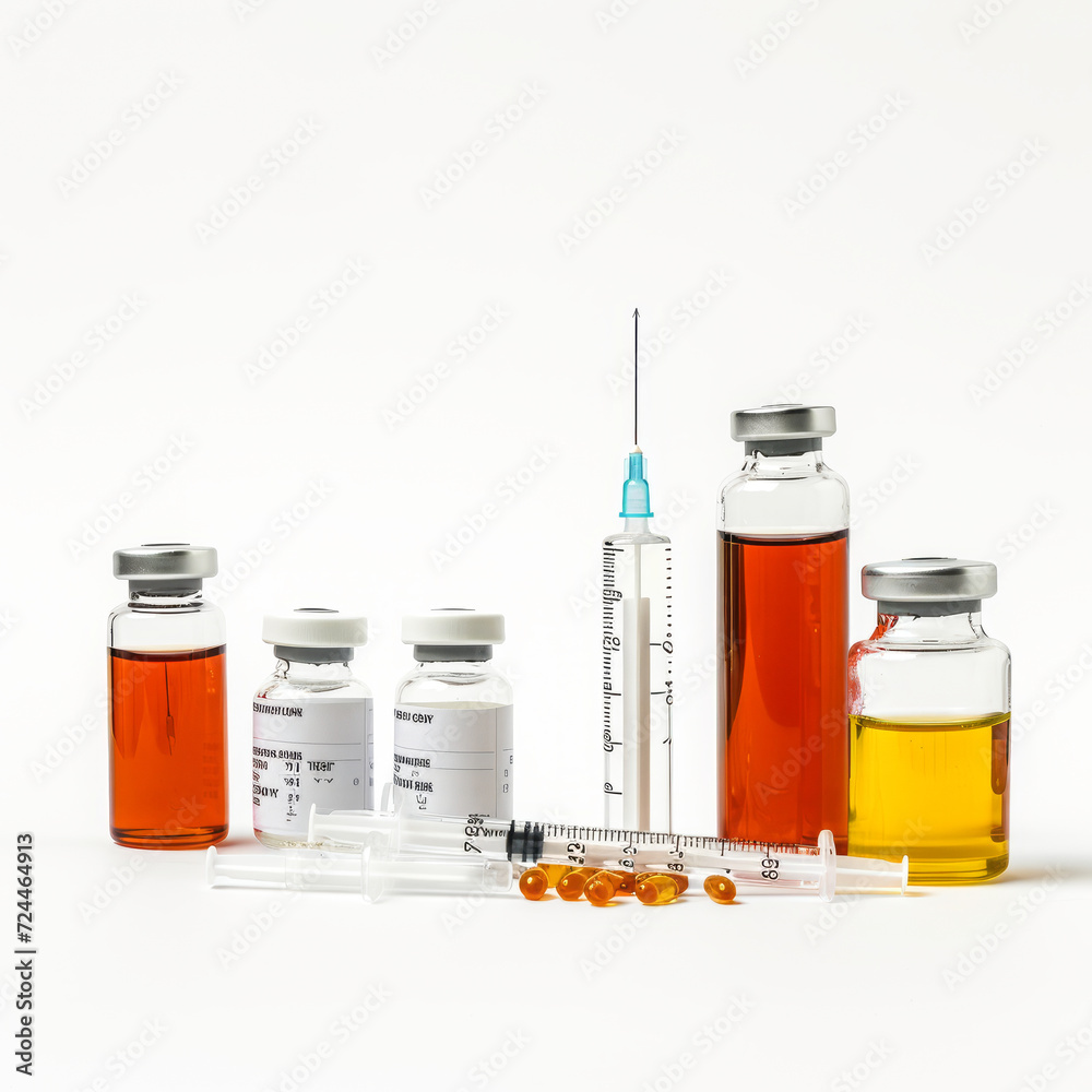 Professional medical setup featuring a syringe, medicine bottles, and syrup Professional medical setup featuring a syringe, medicine bottles, and syrup