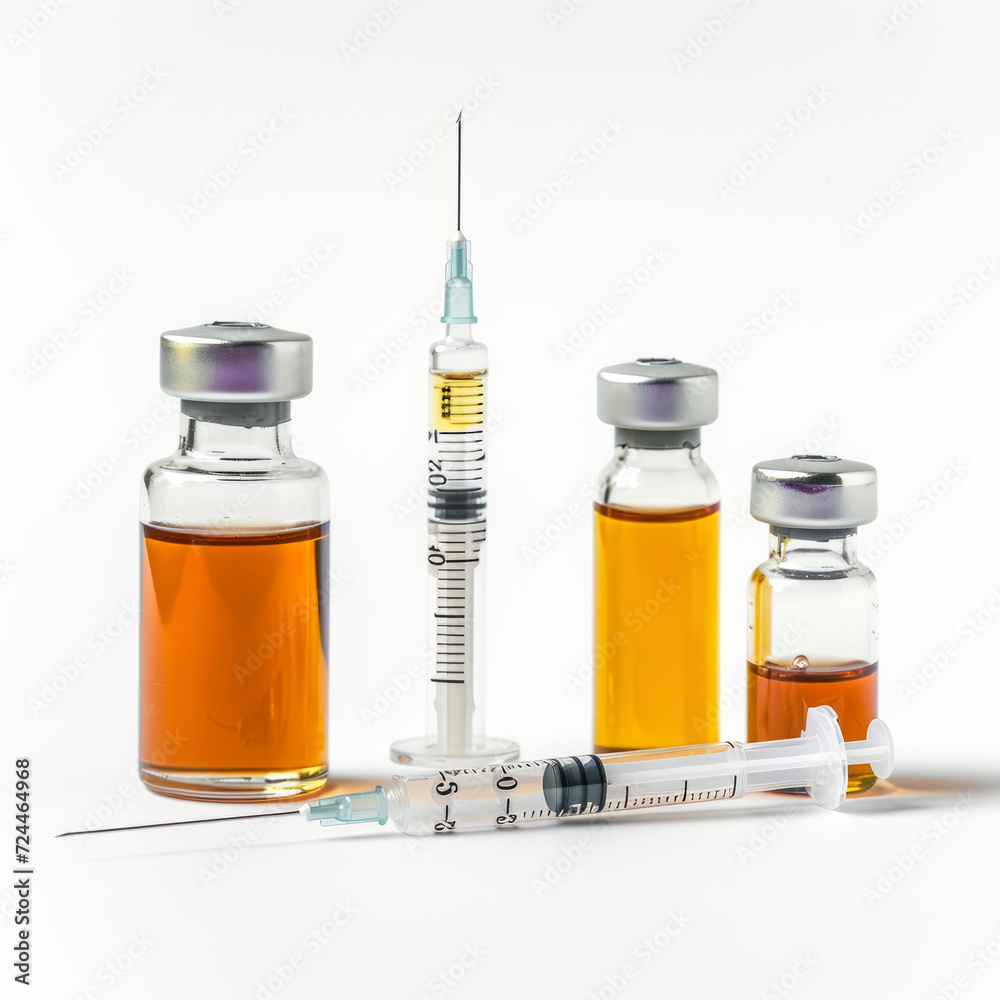 Professional medical setup featuring a syringe, medicine bottles, and syrup Professional medical setup featuring a syringe, medicine bottles, and syrup