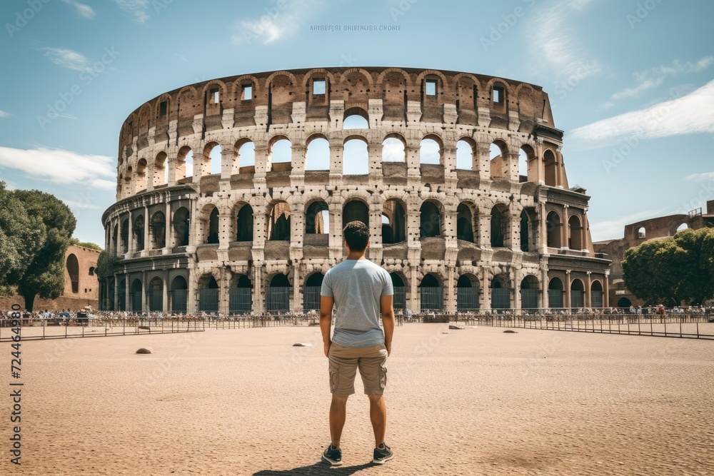 A man dressed in formal attire stands confidently in front of an old, architectural gem in the heart of the city, Male tourist standing in front of the Colosseum, full body, AI Generated