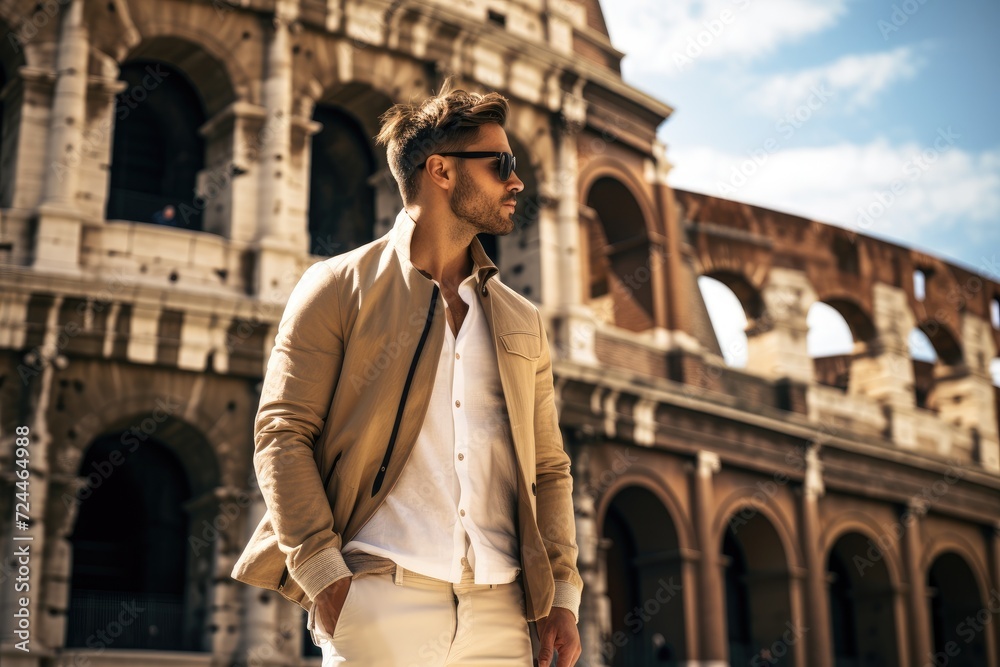 A man stands confidently in front of a weathered old building, exuding strength and determination, Male tourist standing in front of the Colosseum, full body, AI Generated