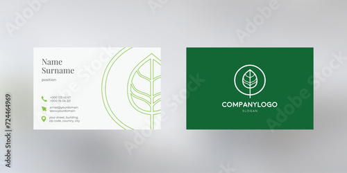 Vector business card design with green background and leaf logo, visiting card template, cutaway mockup, calling card ready for printing, identification card with icons for contact information