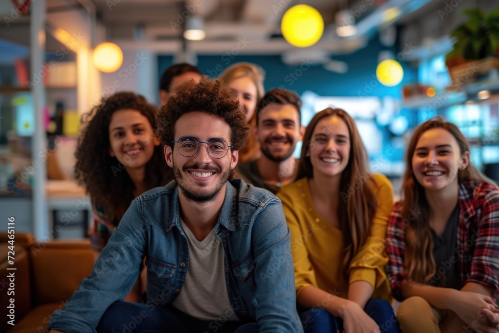 A diverse group of friends smiling and posing together in a cozy environment. A diverse group of friends smiling and posing together in a cozy environment.