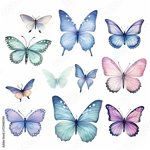 Collection of beautiful watercolor butterflies in soft blue and purple hues.