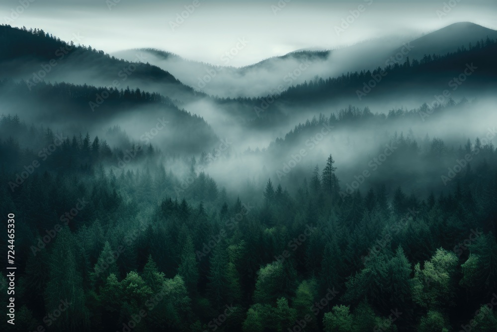 A captivating image featuring a forest shrouded in thick fog, showcasing an abundance of trees., Misty dark forest aerial landscape view, AI Generated