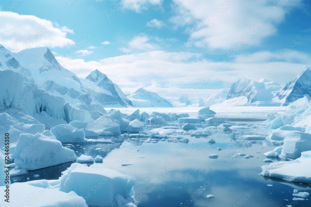 Vast ice formations and floating icebergs under the bright Antarctic sun, with a mirror-like sea.