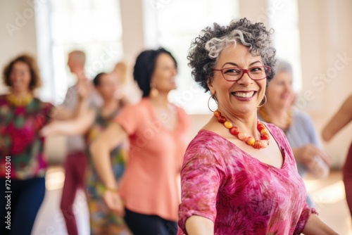 A vibrant group of women display their rhythm and grace as they dance together in a lively dance studio., Middle-aged women enjoying a joyful dance class, AI Generated