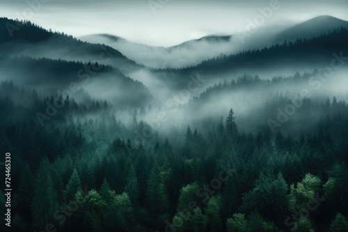 A captivating image featuring a forest shrouded in thick fog, showcasing an abundance of trees., Misty dark forest aerial landscape view, AI Generated