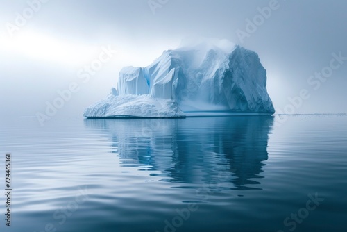 Pristine iceberg standing in the still Arctic waters, cloaked in a haze.