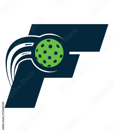 A beautiful flying pickleball logo vector over the letter F. You can use it as club logo, banner design etc.