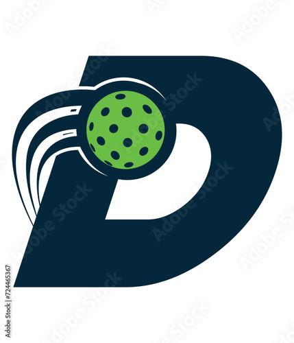 A beautiful flying pickleball logo vector over the letter D. You can use it as club logo, banner design etc.