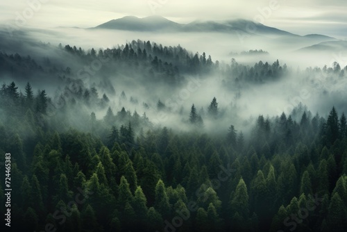 A serene forest filled with an abundance of trees covered in fog  creating an ethereal atmosphere.  Misty dark forest aerial landscape view  AI Generated