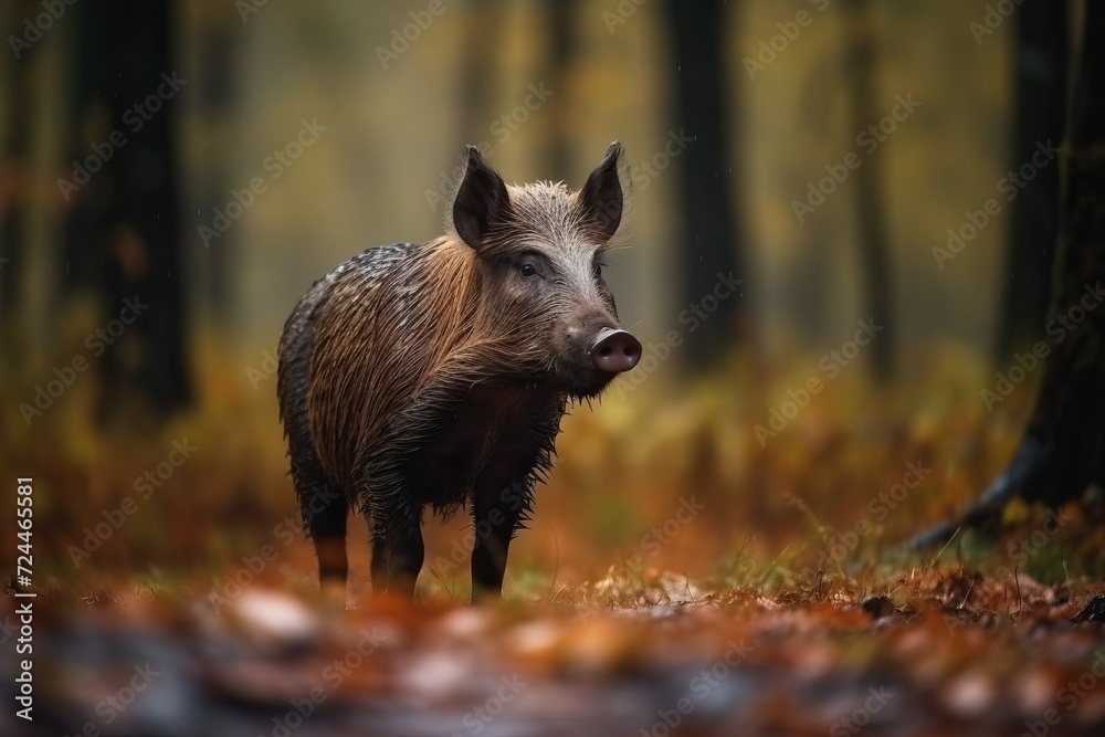 Wild boar in autumnal forest. Wildlife mammal pig woodland fauna. Generate ai Wild boar in autumnal forest. Wildlife mammal pig woodland fauna. Generate ai