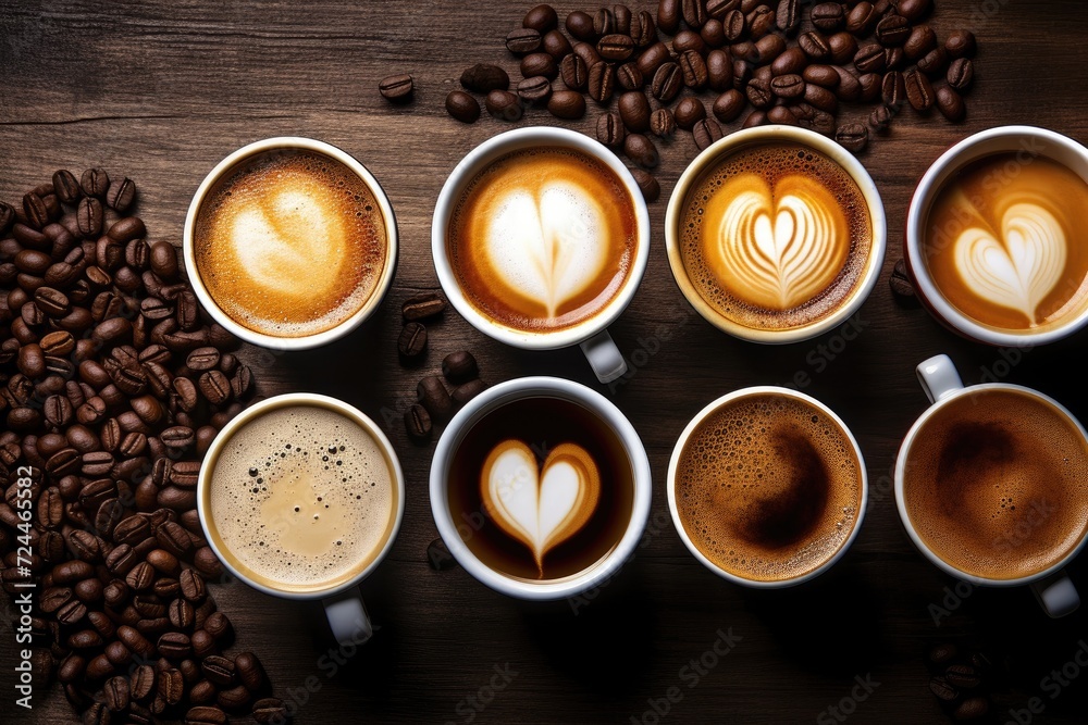 Assorted Coffee Cups With Heart Patterns - Warm up With Love, Multiple cups of coffee with a variety of coffee drinks in an overhead view, AI Generated Assorted Coffee Cups With Heart Patterns - Warm up With Love, Multiple cups of coffee with a variety of coffee drinks in an overhead view, AI Generated