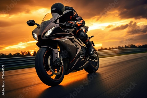 Person Riding Motorcycle on Road, Vehicle Traveling on a Street, Motorcycle rider on a sport bike speeds along a race track at sunset, Extreme athlete in Sport Motorcycles Racing, AI Generated © Iftikhar alam