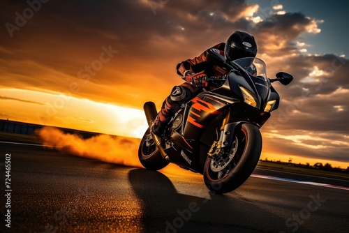 Person Riding Motorcycle on Road, Thrilling Journey Through, Motorcycle rider on a sport bike speeds along a race track at sunset, Extreme athlete in Sport Motorcycles Racing, AI Generated © Iftikhar alam