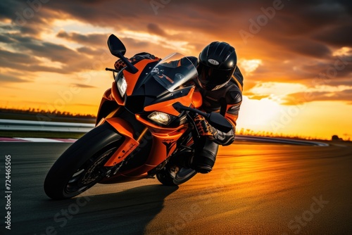 A person enjoys the thrill of riding a motorcycle on the open road., Motorcycle rider on a sport bike speeds along a race track at sunset, Extreme athlete in Sport Motorcycles Racing, AI Generated © Iftikhar alam