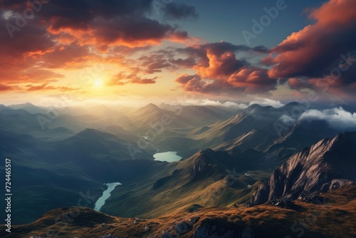 A breathtaking image of the sun casting its golden glow as it sets behind a towering range of mountains., Mountain top landscape view with clouds at sunset, AI Generated