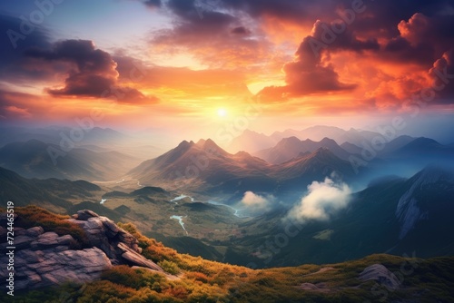 A stunning sunset showcases the beauty of the mountains as the sun dips below the horizon., Mountain top landscape view with clouds at sunset, AI Generated