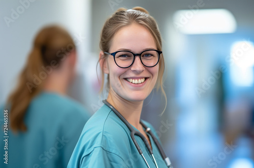 smiling doctor working at clinic, in the style of bokeh panorama