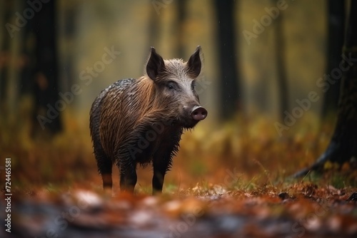 Wild boar in autumnal forest. Wildlife mammal pig woodland fauna. Generate ai