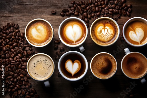 Assorted Coffee Cups With Heart Patterns - Warm up With Love, Multiple cups of coffee with a variety of coffee drinks in an overhead view, AI Generated