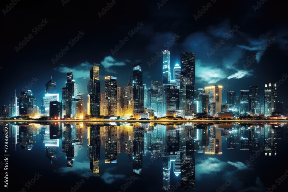 A mesmerizing view of a city at night with vibrant lights casting reflections on the calm water., Night cityscape showcasing high-rise buildings and skyscrapers, AI Generated