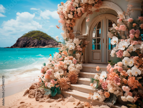 Romantic wedding photo zone with flowers on beach