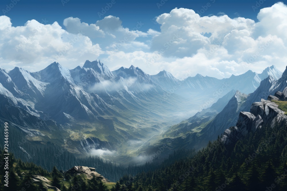 An awe-inspiring painting depicting a majestic mountain range surrounded by puffy clouds in a clear blue sky., Panoramic view of the mountains, AI Generated