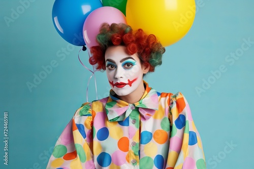 Woman dressed in clown studio portrait. Festive funny party female jester outfit. Generate ai