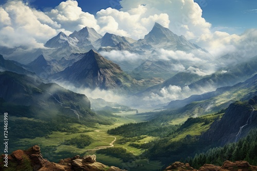A breathtaking painting capturing the beauty of a grand mountain range with billowing clouds in the sky., Panoramic view of the mountains, AI Generated