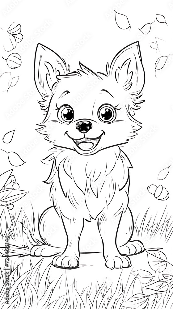 Coloring page outline cartoon smiling cute little dog. minimalism