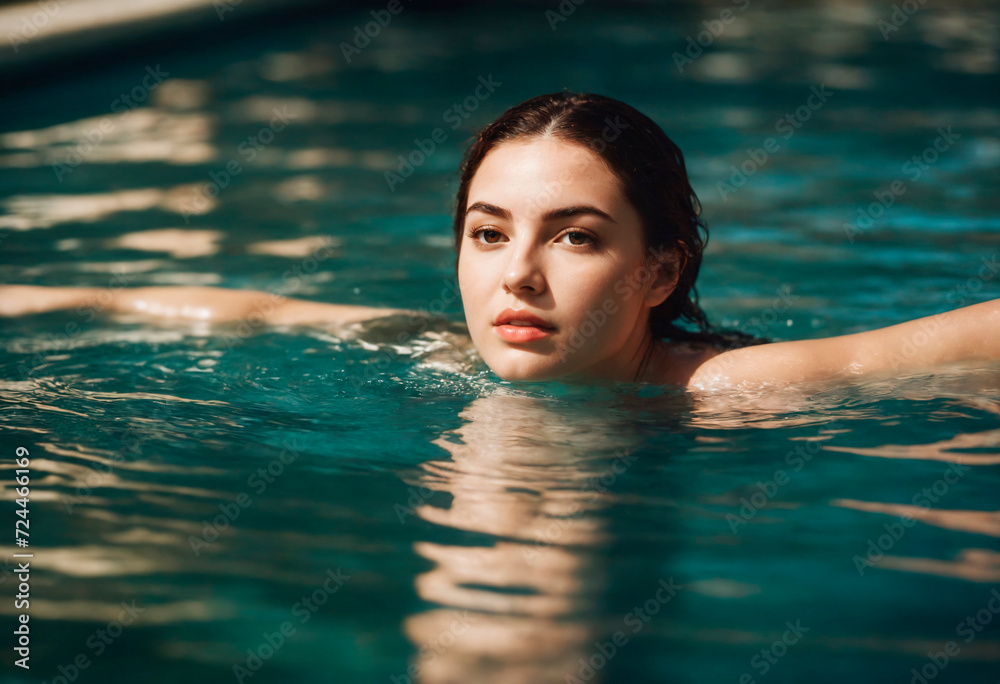 Portrait of a beautiful young woman in the swimming pool