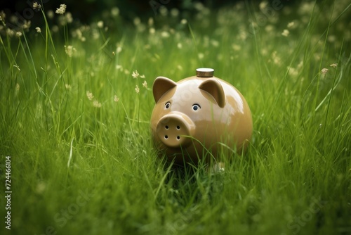A piggy bank sitting in the middle of a grassy field, symbolizing the act of saving money in a natural setting., Piggy bank on the grass, AI Generated